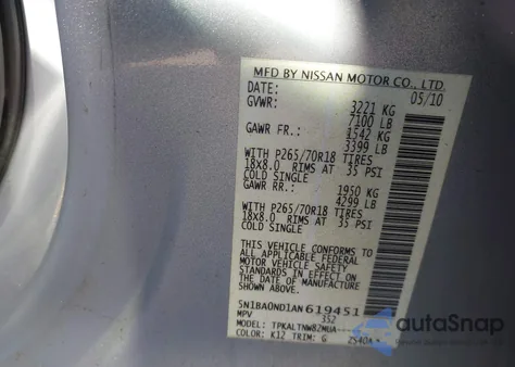 2010 Nissan Armada Se from USA, damaged, VIN 5N1BA0ND1AN619451